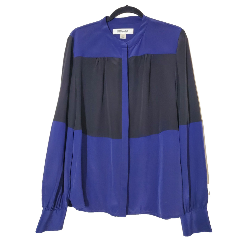 Diane Furstenberg Womens 12 Top 100% Silk Blue Black‎ Colorblock Designer